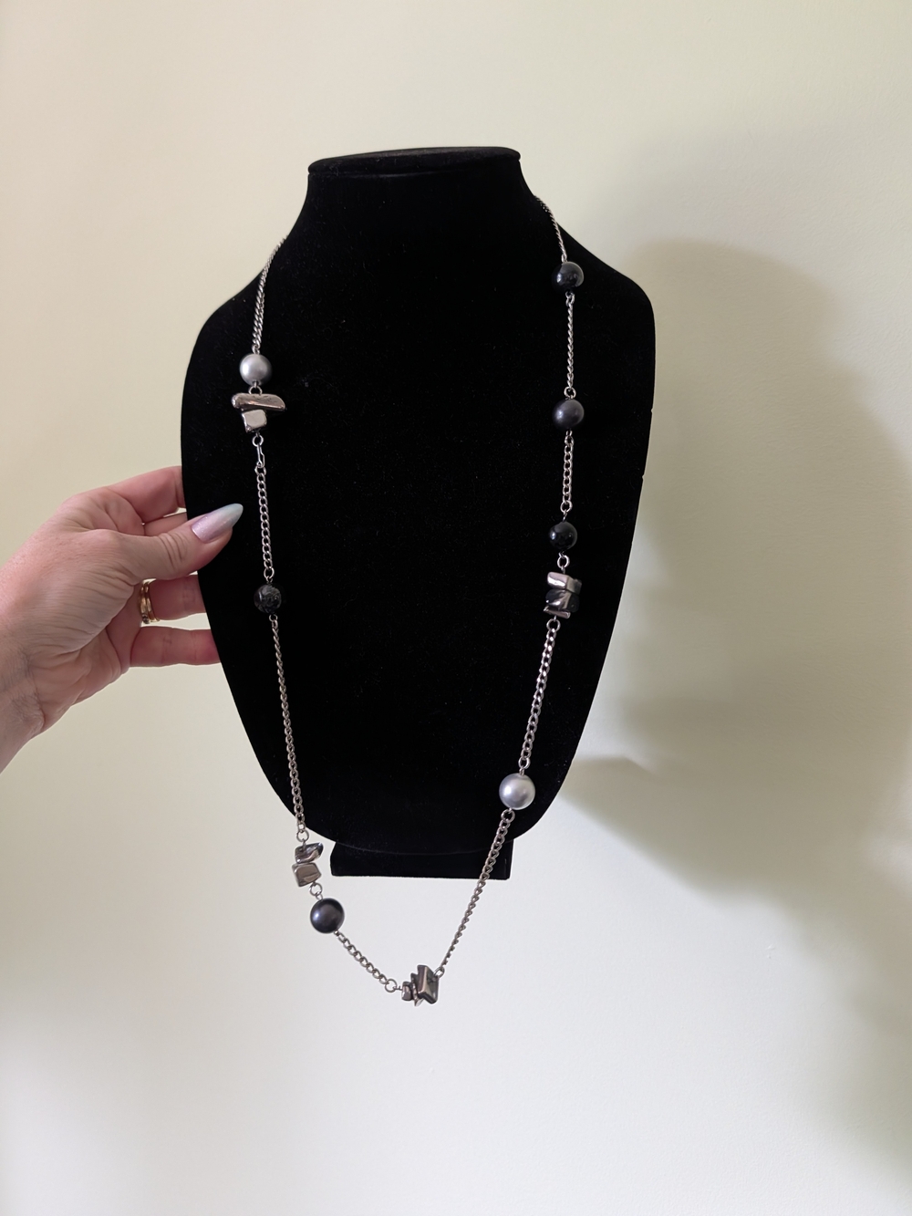 Silver Tone Long Beaded Necklace - Black and Gray Beads